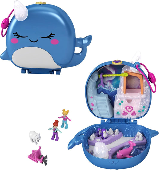 Polly Pocket Freezin' Fun Narwhal Compact com revelações divertidas, bonecas Micro Polly e Lila, cachorro Husky e trenó, figura de urso polar e folha de adesivos; Para maiores de 4 anos, GKJ52