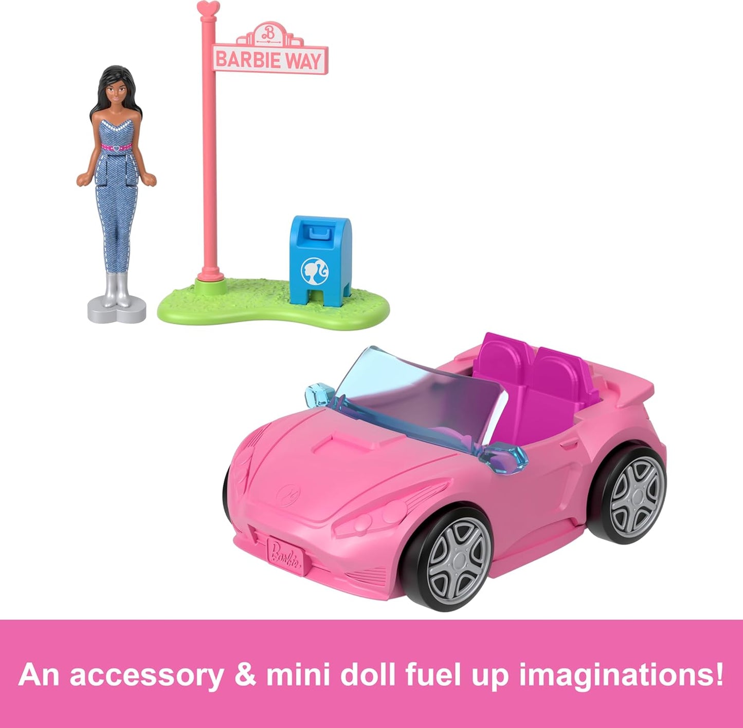 Barbie Mini BarbieLand Boneca e Conjunto de Veículo de Brinquedo, Boneca Barbie de 1,5 polegadas e Carro Conversível com Mudança de Cor, Mais Acessório de Placa de Rua, HYF42