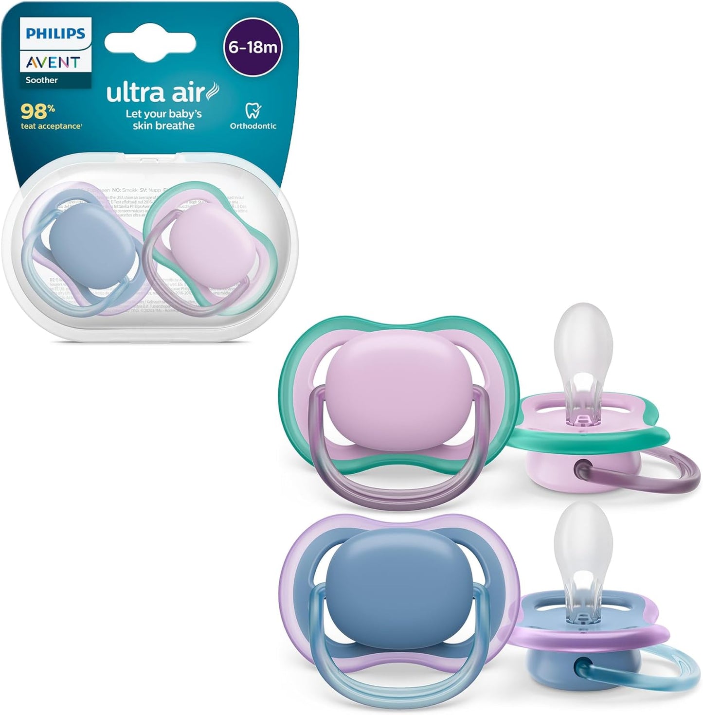 Philips Avent Chupeta Ultra Air, chupetas leves e respiráveis para bebês de 6 a 18 meses, sem BPA, com estojo de transporte para esterilizador, pacote com 2, modelo SCF085/34