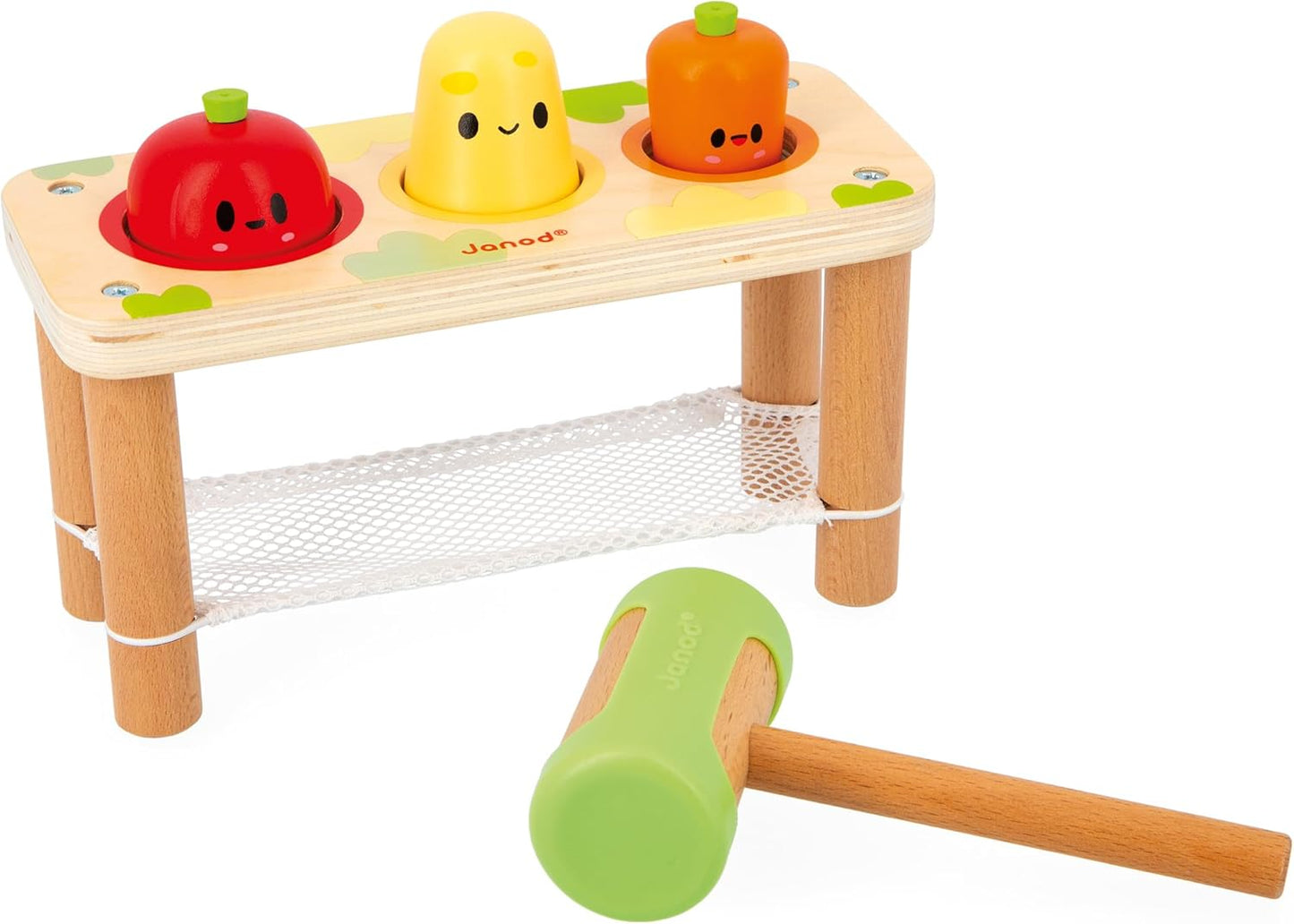 Janod Whack-A-Farm Game-Brinquedo de aprendizagem precoce para crianças-3 vegetais de jardim + 1 martelo-desenvolve habilidades motoras finas-Brinquedo de madeira FSC-12 meses +, J03309, multicolorido