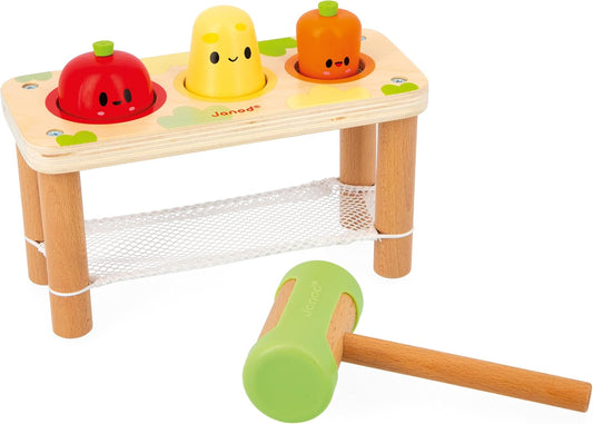 Janod Whack-A-Farm Game - Juguete de aprendizaje temprano para niños pequeños - 3 verduras de jardín + 1 martillo - Desarrolla la motricidad fina - Juguete de madera FSC - 12 meses +, J03309, multicolor