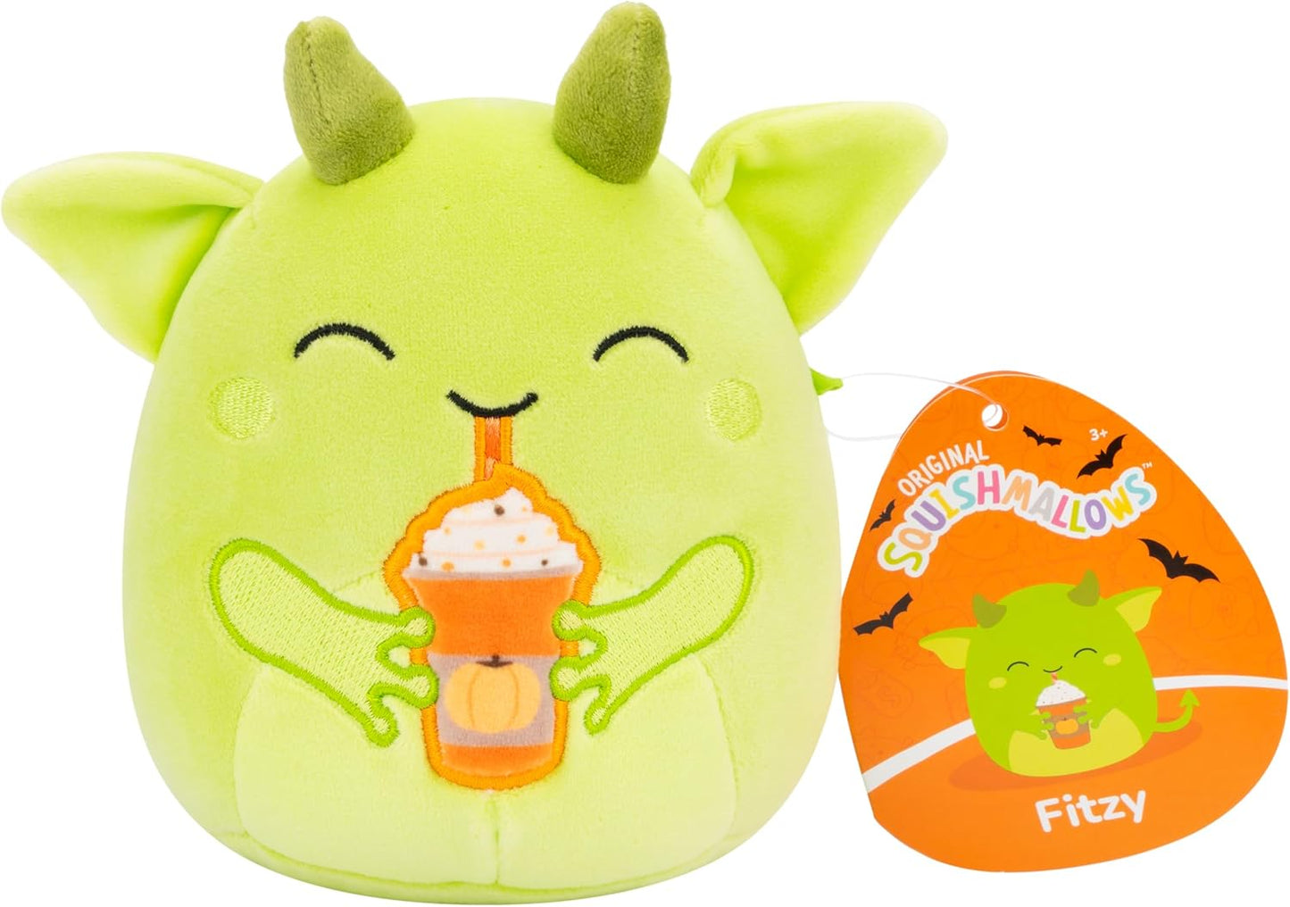 Squishmallows Original Halloween paquete de 4 unidades: Gabin Pumpkin Axolotl, Fitzy Goblin Holding Latte, Malcolm Bat Mushroom, Ms. K Purple Clown - Peluche oficial de Jazwares (pequeño)