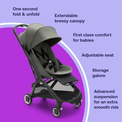 Bugaboo Butterfly Cochecito de Viaje Ultracompacto, Pequeño y Ligero, Fácil de Plegar en 1 Segundo, Cochecito Urbano Ergonómico y Extra Espacioso para Bebés y Niños Pequeños, Conducción Cómoda, Negro/Verde Bosque