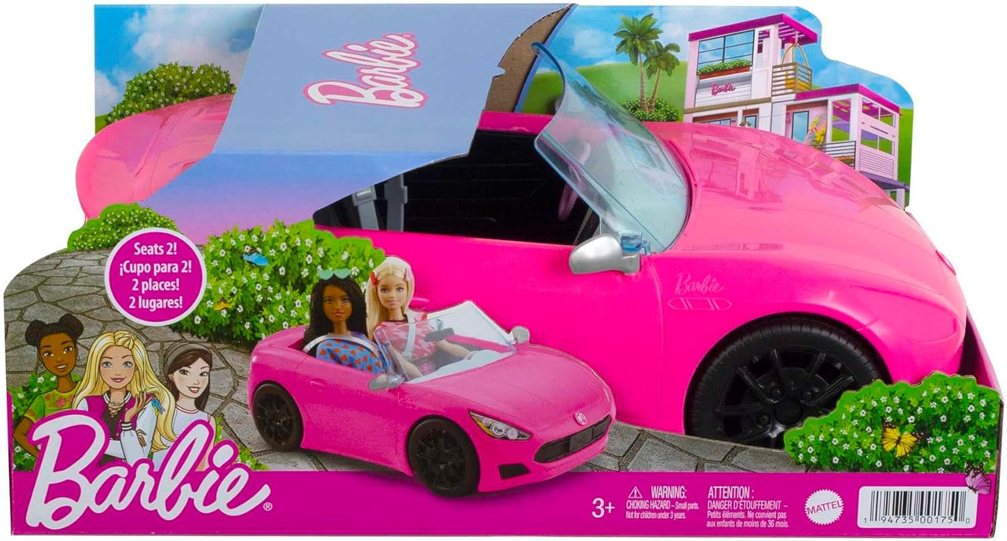 Barbie Veículo conversível de 2 lugares, carro rosa com rodas giratórias e detalhes realistas e boneca e acessórios, conjunto de viagem “Malibu”