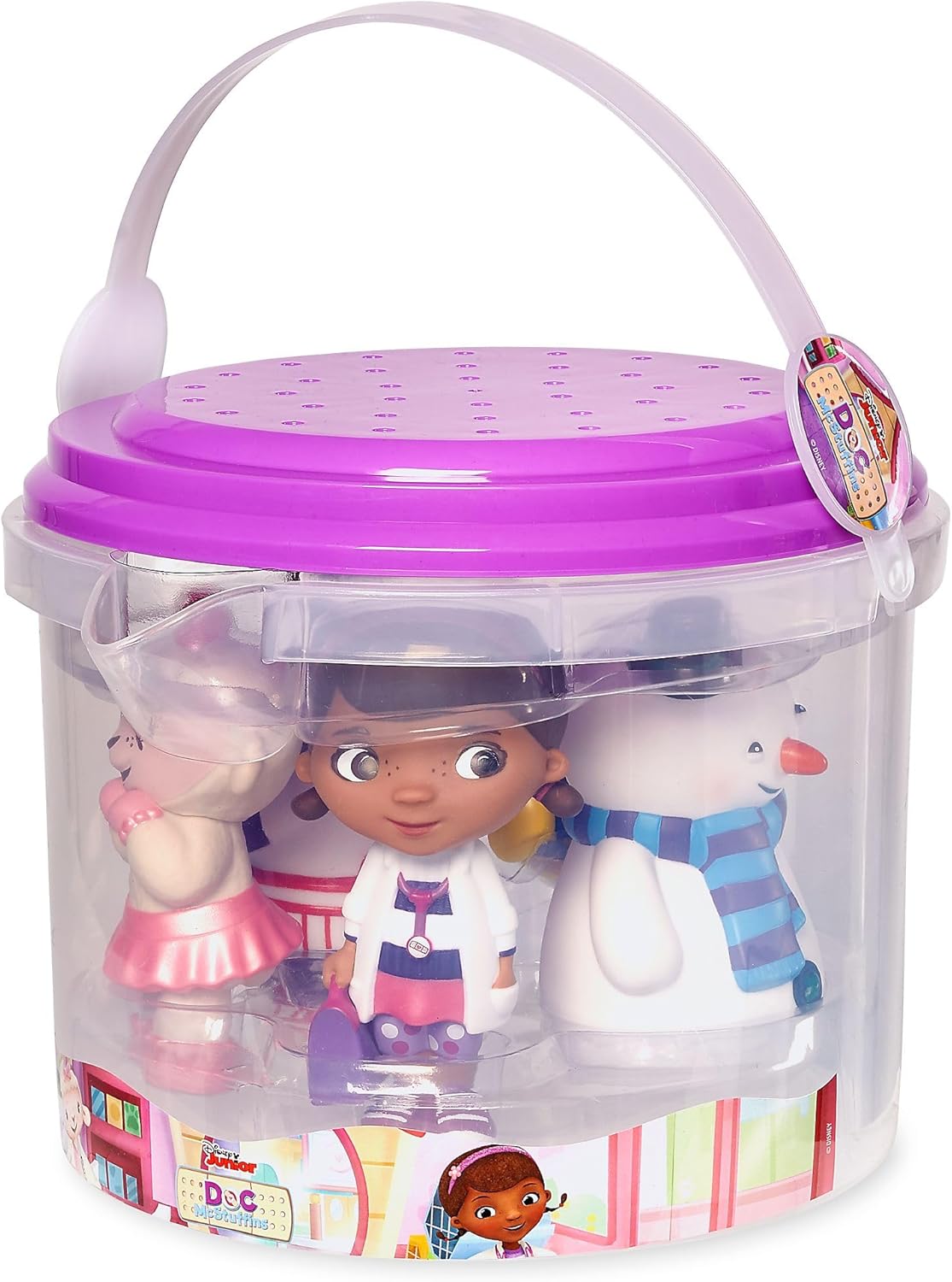 Disney Store Conjunto oficial de brinquedos de banho para crianças, Doc McStuffins, 5 peças, conjunto de brinquedos inclui balde com tampa de coar e cinco figuras, adequado para idades de 6 meses ou mais