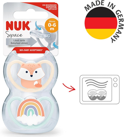 NUK Manequim de bebê do espaço | 0-6 meses | Chupetas com Ventilação Extra para Pele Sensível para Pele Sensível | Silicone sem BPA | Raposa | 2 contagem