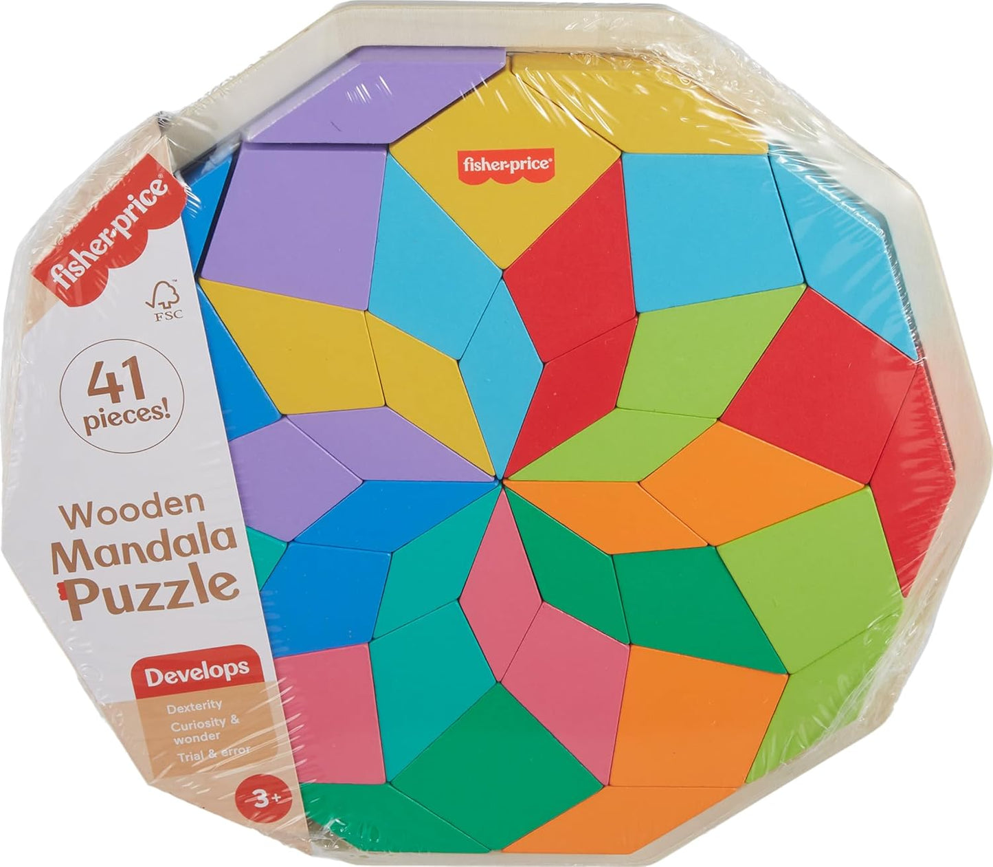 Fisher-Price Quebra-cabeça de madeira de brinquedo pré-escolar com desenho geométrico de mandala, 40 peças de madeira para crianças de 3 anos ou mais, HXT94