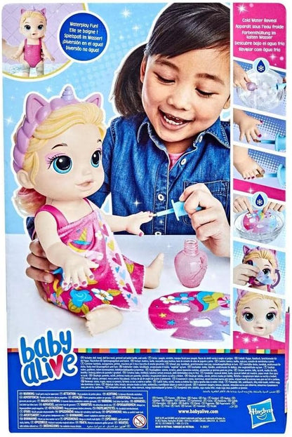 Baby Alive F3564 Baby Beauty Doll 32,5 cm Tema Unicórnio Maquiagem e Unhas Mágicas, Cabelo Loiro, Crianças