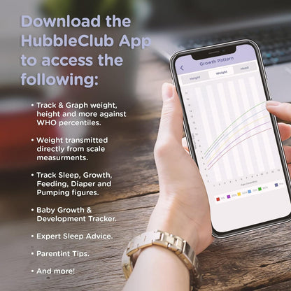 Hubble Connected Balança de pesagem digital para bebês Grow Smart para bebês e bebês recém-nascidos, display LCD grande, almofada de troca suave, tecnologia de 4 sensores, função tara e retenção