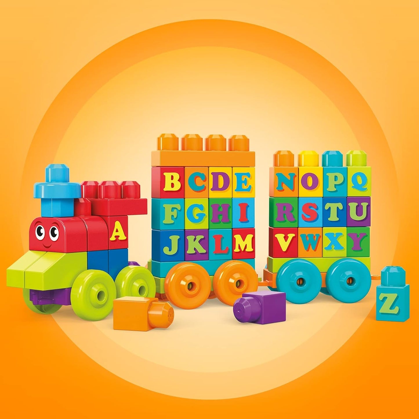 Mega BLOKS Build 'n Learn Conjunto de construção de brinquedo de mesa com 30 blocos de construção grandes e 1 veículo móvel BLOKS Fisher Price Building Toy ABC Blocks, ABC Learning Train Brinquedo de aprendizagem para crianças de 1 a 3 anos