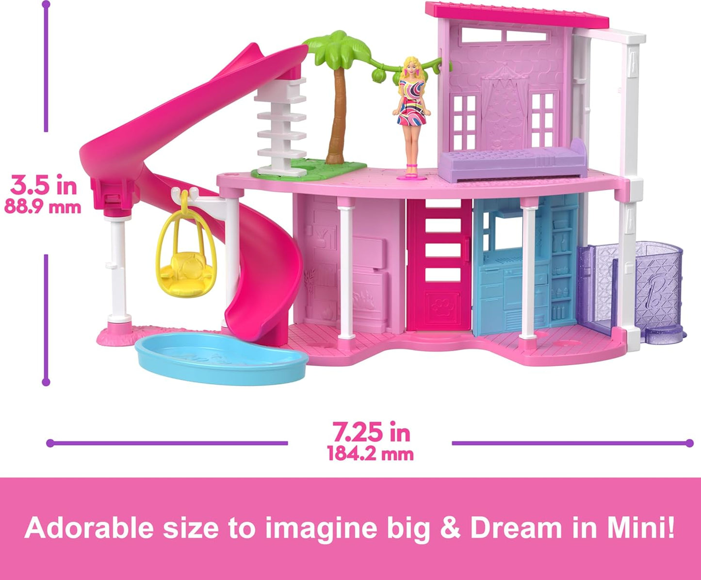 Barbie Mini BarbieLand Doll House Sets, Mini Dreamhouse com surpresa Boneca Barbie de 1,5 polegadas, Móveis e acessórios, Mais elevador e piscina, 4 anos ou mais, HYF45