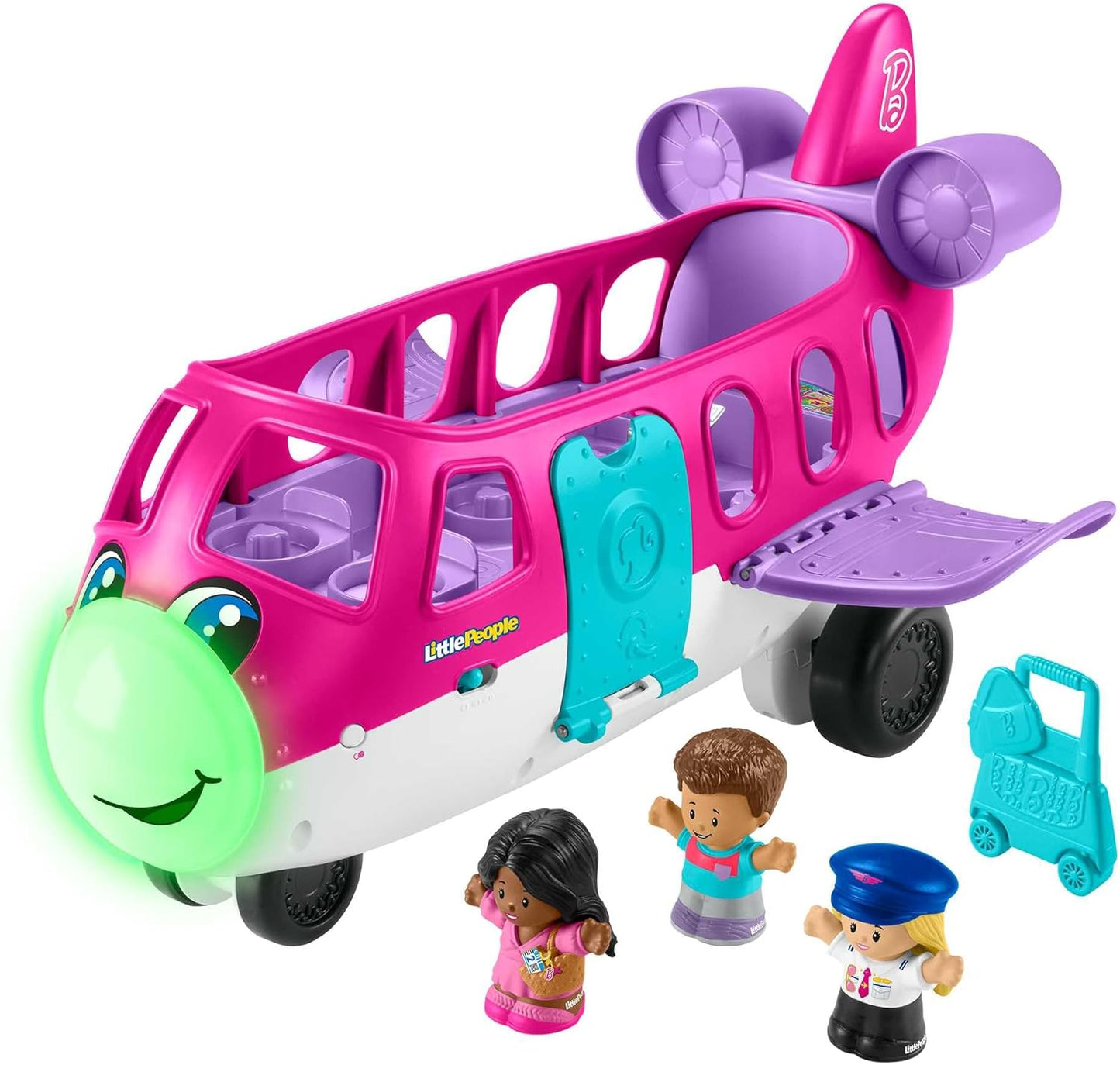 Fisher-Price Avião de brinquedo Barbie Little People para crianças com luzes, música e escadas dobráveis, Little Dream Plane, 4 peças de brincar, versão em vários idiomas, HRC38