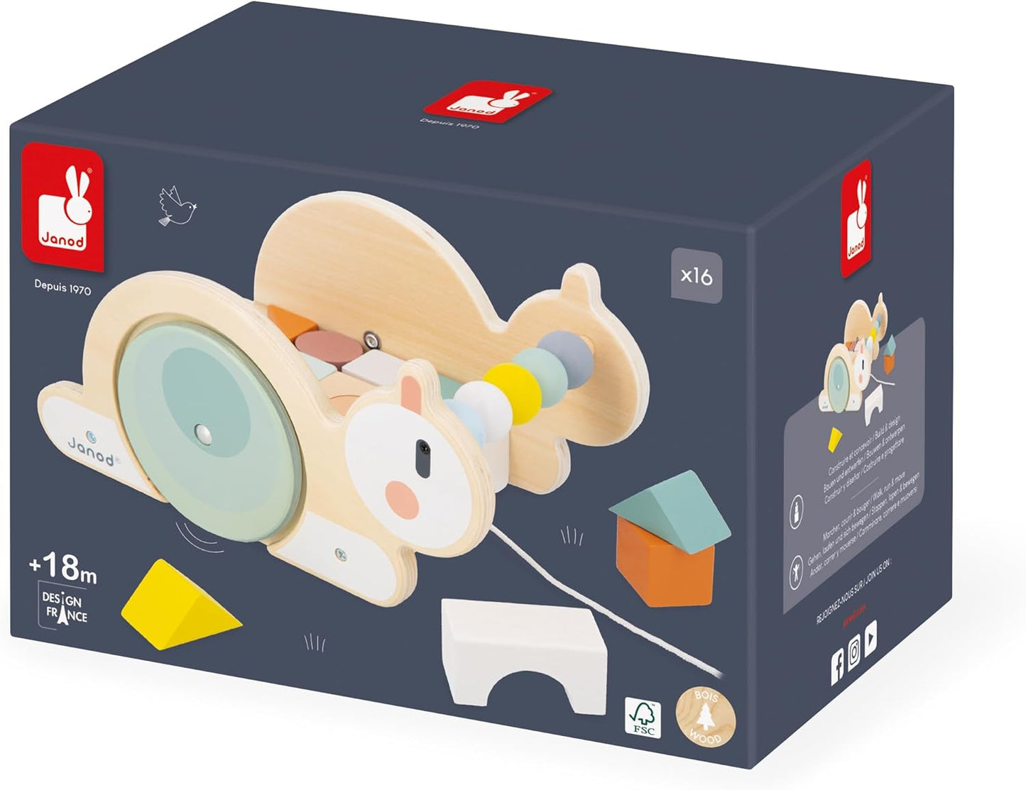 Janod - Sweet Cocoon Snail Cube Trolley Brinquedo de aprendizagem precoce - Desenvolve destreza e imaginação - Brinquedo pull-along + 16 blocos de construção - Brinquedo de madeira FSC - 18 meses +,