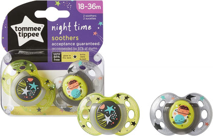 Tommee Tippee Chupetas Night Time Glow in the Dark, design ortodôntico simétrico, silicone sem BPA, 18-36m, pacote de 2 manequins