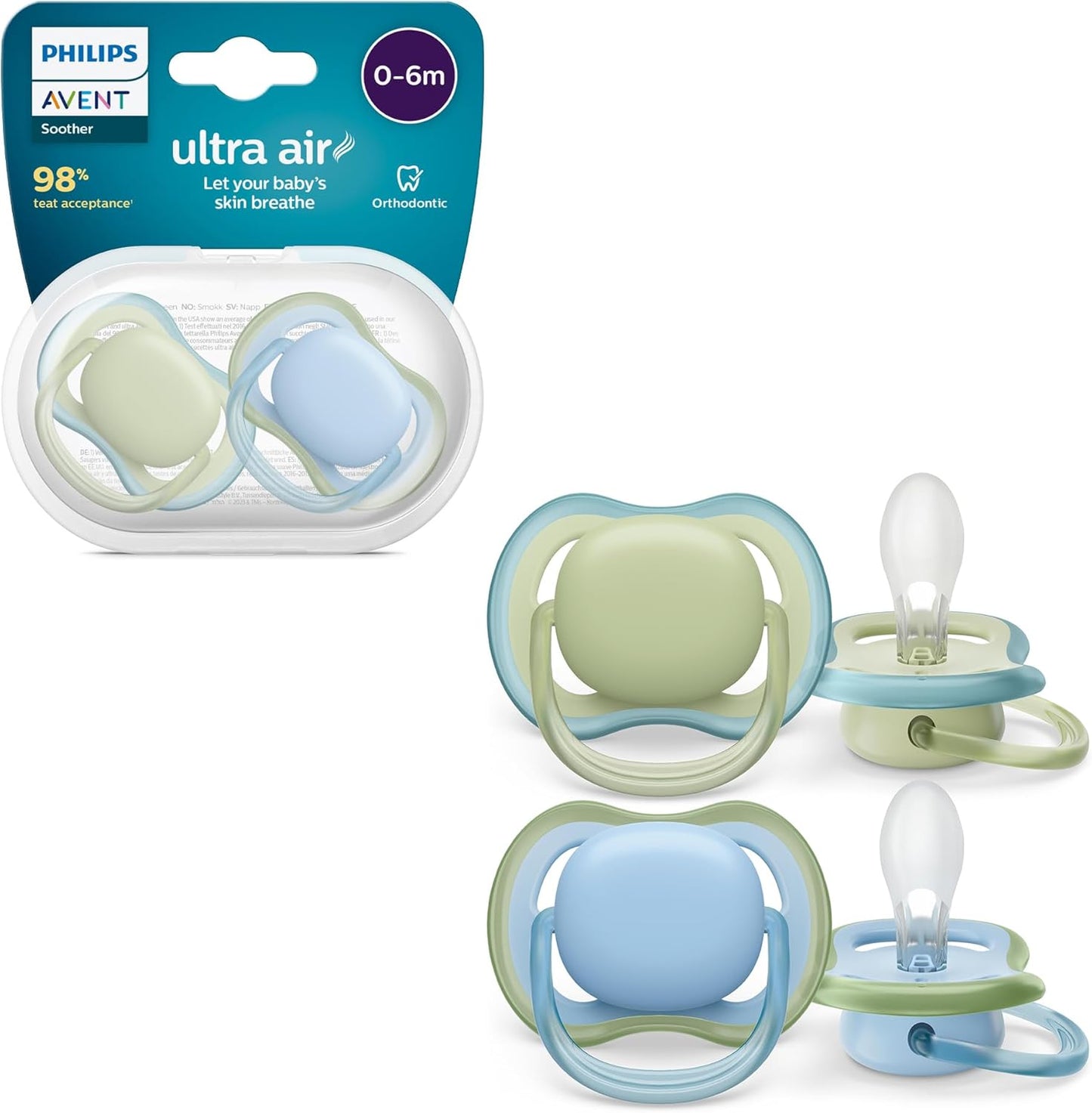 Philips Avent Chupetas Ultra Air, chupetas leves e respiráveis para bebês de 0 a 6 meses, sem BPA, com estojo de transporte esterilizador, pacote com 2