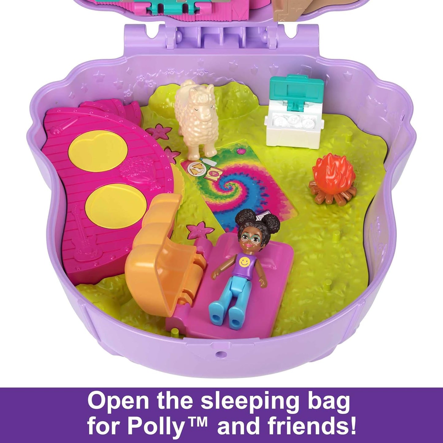 Polly Pocket Mini Toys, Camp Adventure Llama Playset compacto com 2 micro bonecas e 13 acessórios, Pocket World Travel Toys com surpresa revela