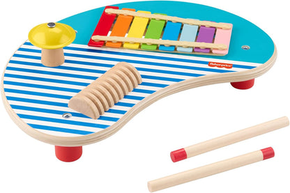 Fisher-Price Mesa musical de madeira de brinquedo para crianças com instrumentos de percussão, 3 peças de madeira para brincadeiras de desenvolvimento para crianças em idade pré-escolar com mais de 2 anos