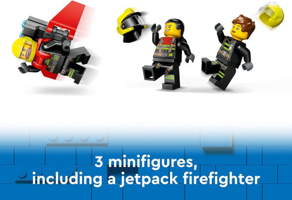 LEGO Brinquedo de avião de resgate de incêndio urbano para meninos, meninas e crianças de 6 anos ou mais que amam brincadeiras imaginativas, conjunto de brinquedos para veículos de emergência de avião inclui 3 minifiguras, ideia de presente de