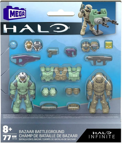 MEGA Conjuntos de construção de brinquedos Halo Infinite, coleção Spartan Mission Pack com 2 microfiguras de ação articuláveis, acessórios e expositor