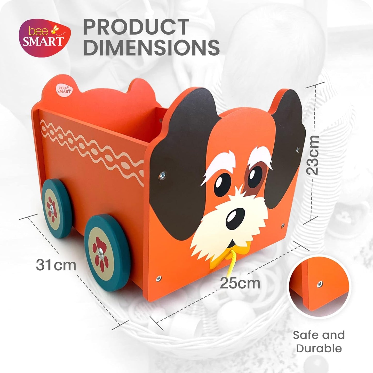 Bee Smart Caixa de brinquedos de madeira - Animal Cachorro | Carrinho pull along 2 em 1 e caixa de armazenamento sobre rodas para berçário ou quarto infantil | Troncos de bebê para brinquedos infantis