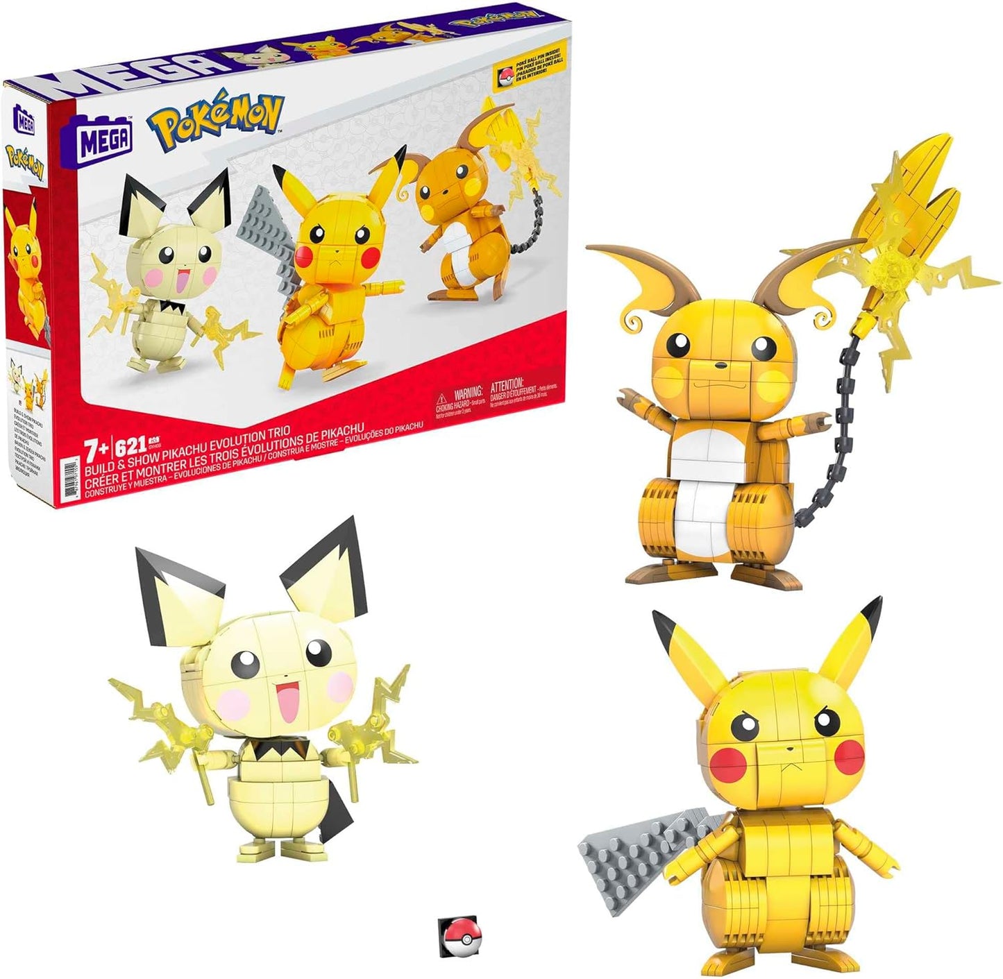 MEGA Conjunto de construção de brinquedos de figuras de ação Pokémon, Pikachu de 4 polegadas, Raichu e Pichu Build n Show Pikachu Evolution Trio com Poke Ball Pin