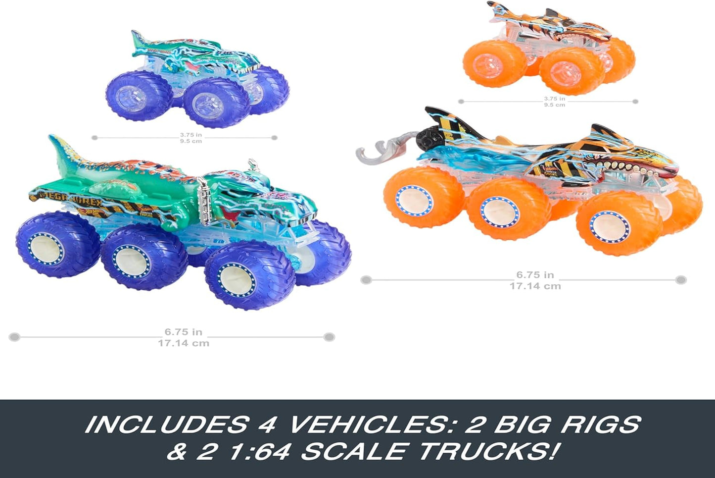 Hot Wheels Monster Trucks Toy Truck & Big Rig Multipack, escala 1:64 Mega-Wrex & Tiger Shark com Big Rigs em Power Smashers Deco correspondente, HYJ29