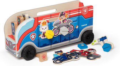 Melissa & Doug Caminhão de brinquedo PAW Patrol com blocos de construção de madeira com alfabeto e número, brinquedos infantis para meninas e meninos de 3 anos ou mais, brinquedos PAW Patrol para meninos, presente de veículos infantis para menino ou