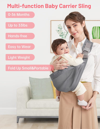 Mumgaroo Baby Sling, Canguru ajustável para bebês, Canguru respirável para bebês com alças grossas para recém-nascidos, bebês, crianças pequenas, de 0 a 36 meses (cinza)