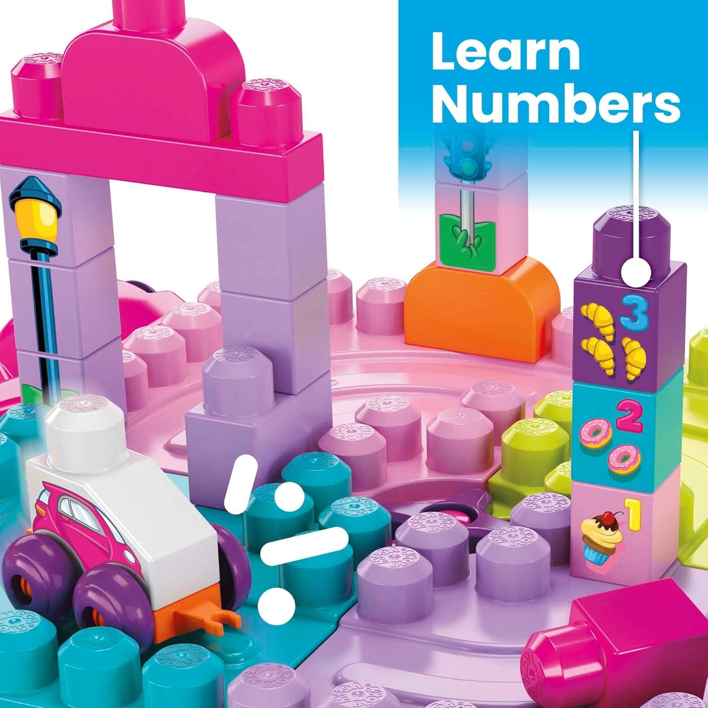 MEGA Blocos de construção para crianças BLOKS Fisher-Price, mesa de atividades para construir e aprender com 30 peças e armazenamento, rosa, crianças de 1 ano ou mais, FFG22