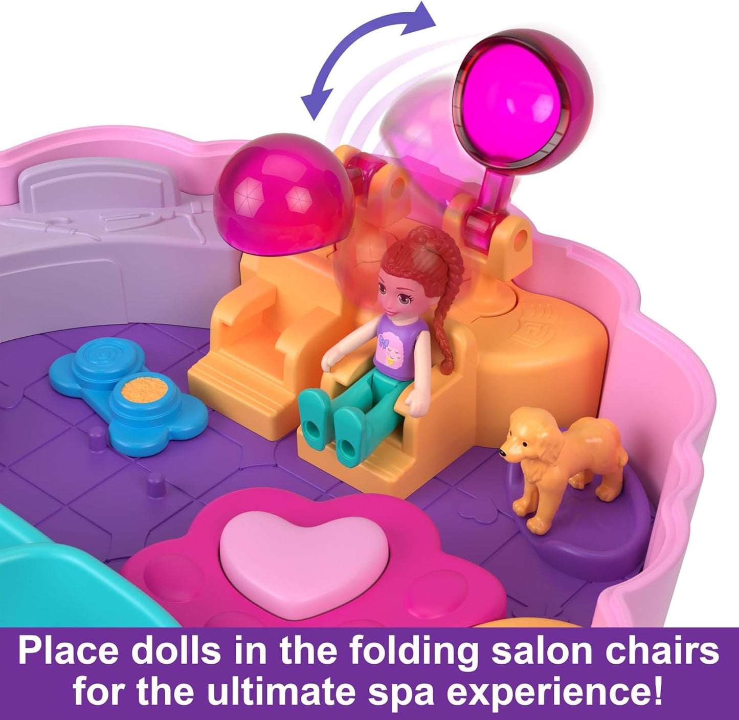 Polly Pocket Dolls e Playset, brinquedos de animais, Groom & Glam Poodle Playset compacto com brincadeira de água e 2 peças que mudam de cor, HKV35