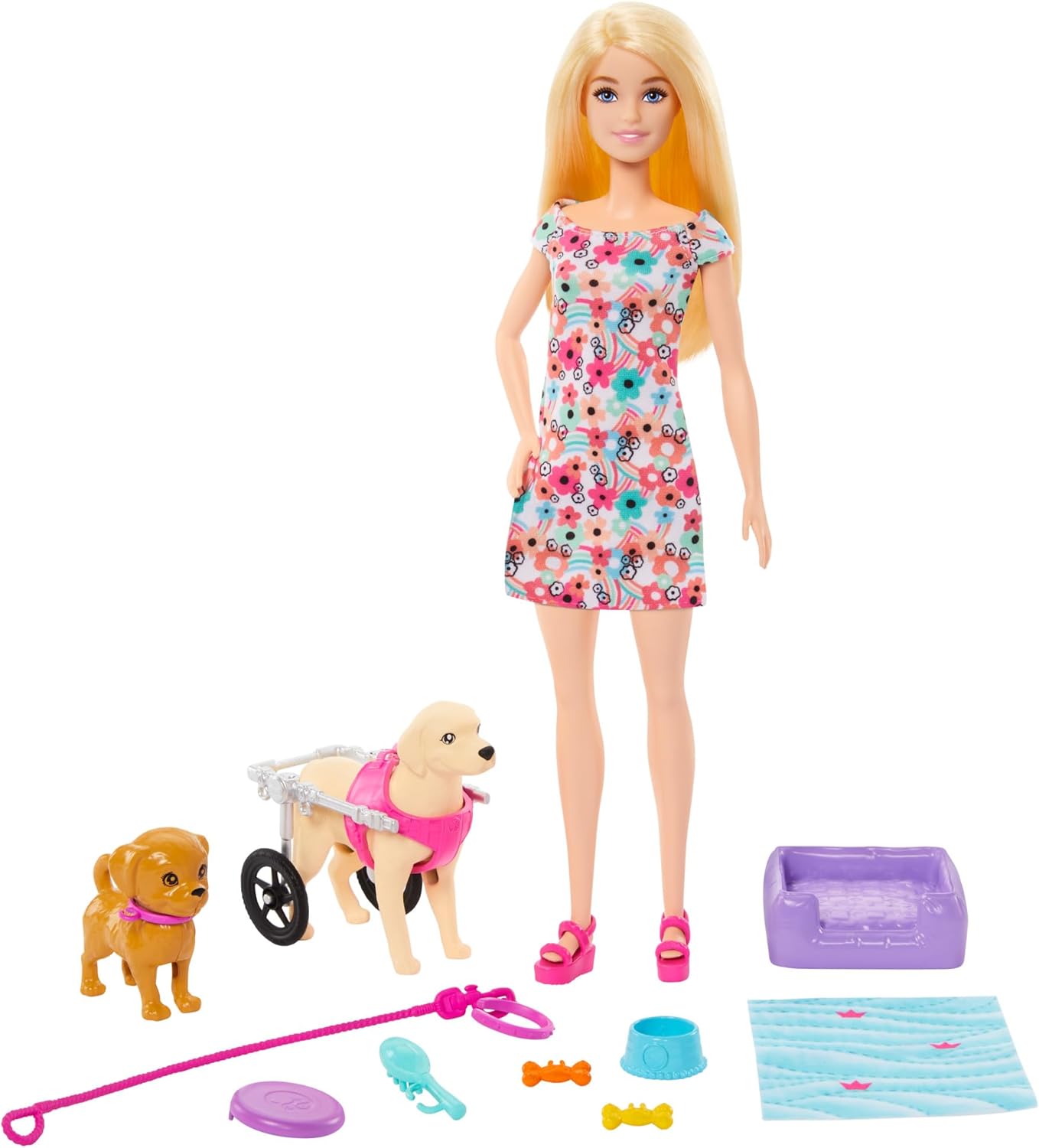 Barbie Boneca com 2 cachorros de brinquedo e acessórios para animais de estimação, 1 filhote em uma cadeira de rodas removível com rodas giratórias, conjunto de mais de 10 peças, HTK37