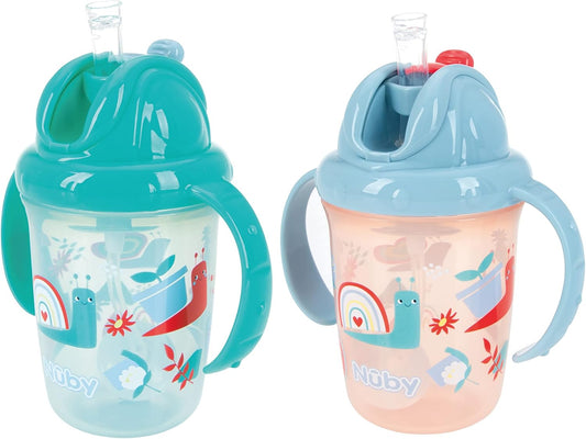 Botella de agua Nuby Flip N Sip - Vaso con pajita antiderrames de 240 ml/8 oz con doble asa y pajita pesada, apto para lavavajillas, vaso adecuado para más de 6 meses (caracoles, paquete de 2) 048526890422