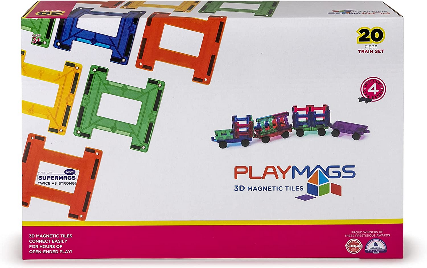 Playmags Conjunto de trem de ladrilhos magnéticos - 20 peças de ladrilhos magnéticos para crianças - conjunto de blocos de construção magnéticos inclui 4 trens, ímãs mais fortes, complemento de blocos de construção - brinquedos STEM para crianças