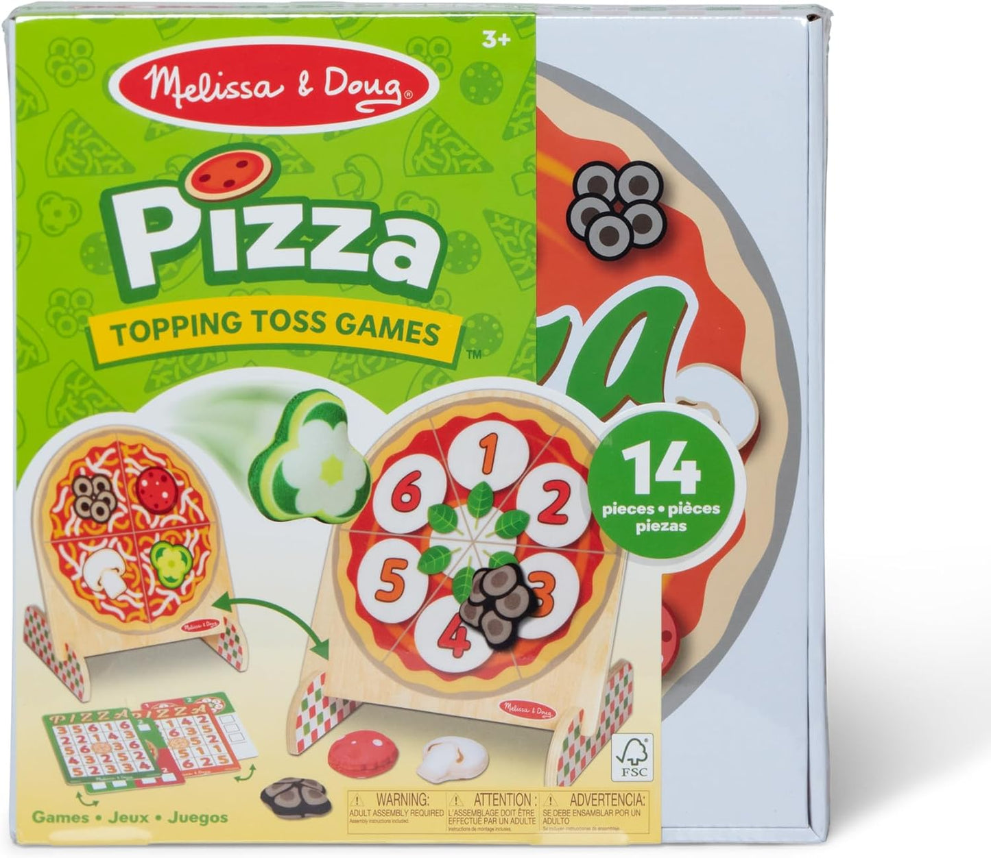 Melissa e Doug Jogos de lançamento de cobertura de pizza dupla face de madeira para 1 ou 2 jogadores | Jogo de alvo do saco de feijão, bingo, jogo da velha