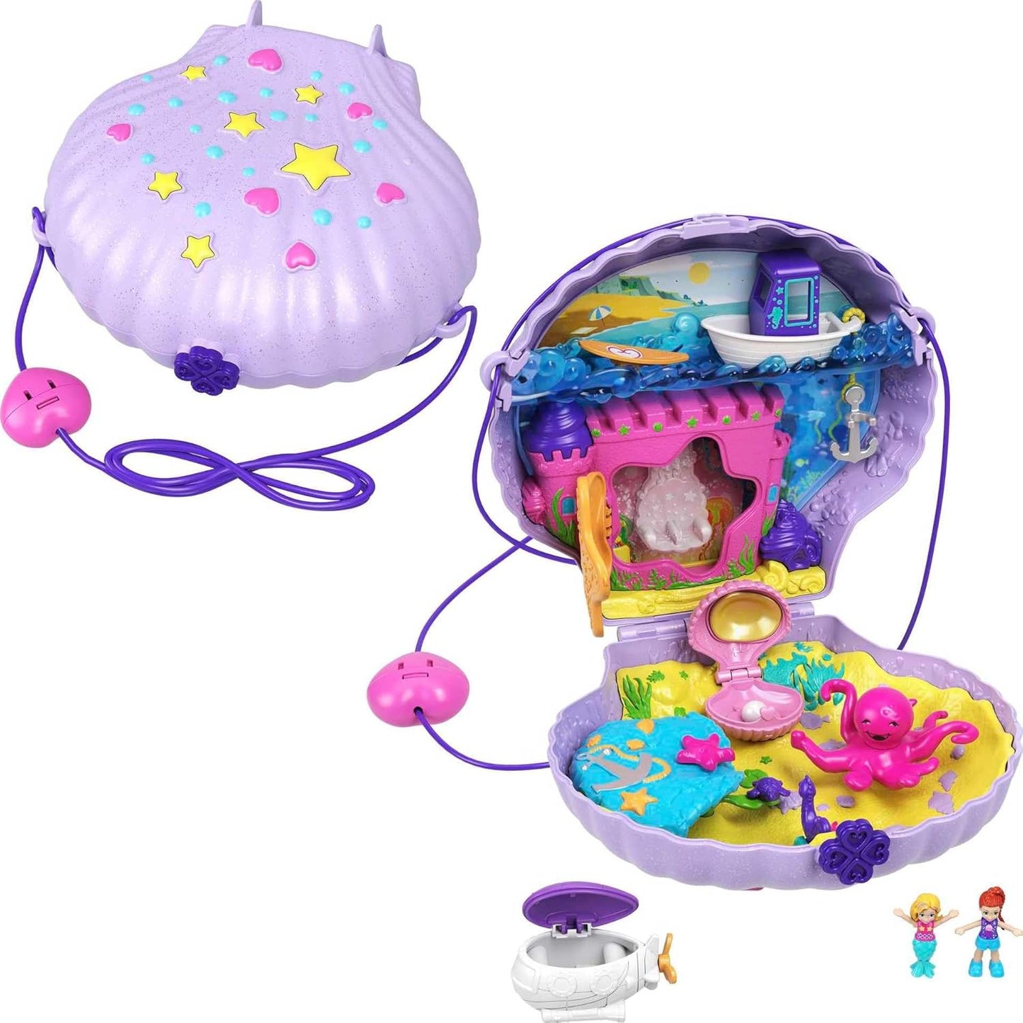 Polly Pocket Pollyville, Playset Resort Roll Away com Rodas Rolantes, 5 Áreas de Recreação e Micro, Playset Tiny Power Seashell Purse, Bolsa Purple Shell, Tema Sereia