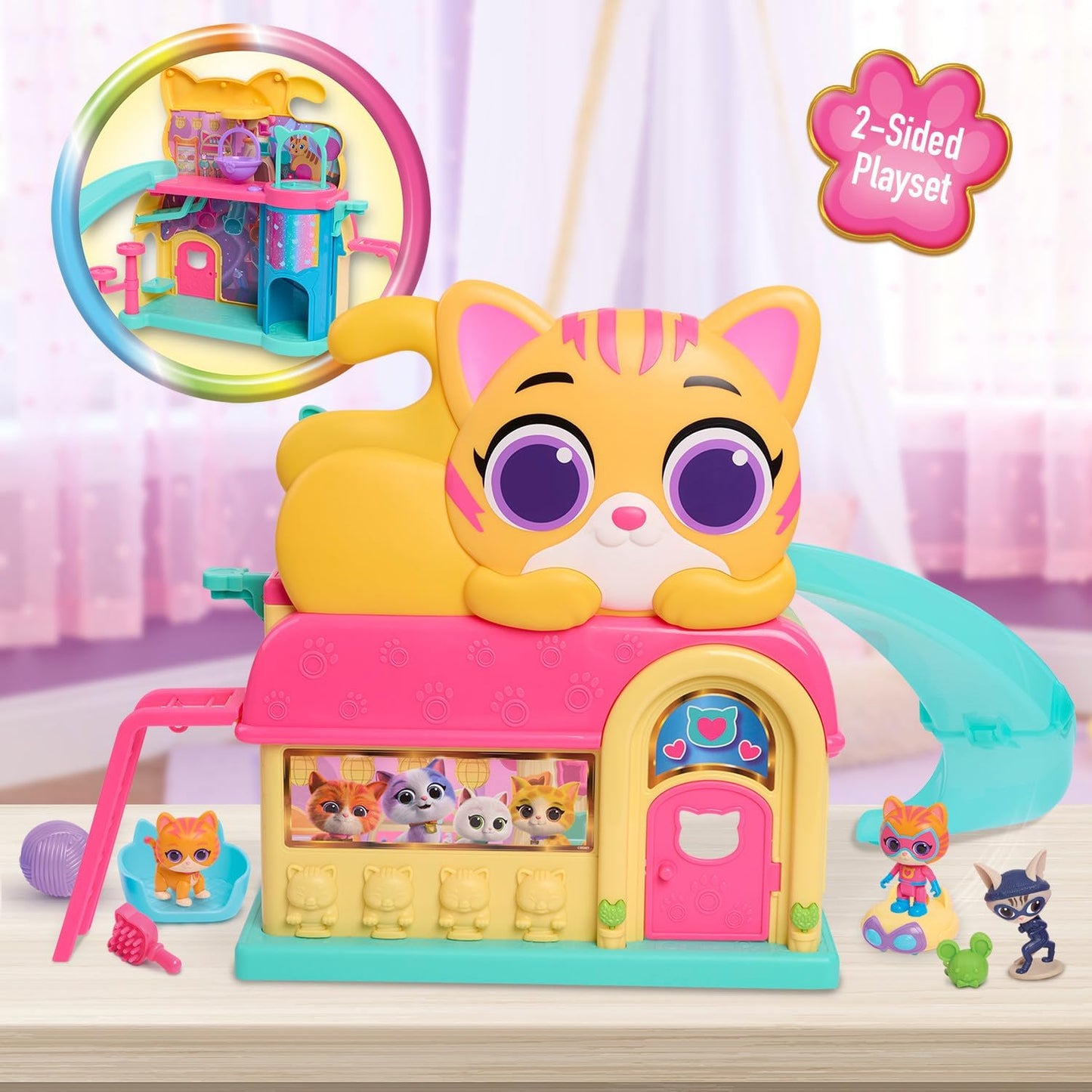 Just Play Disney Junior SuperKitties Purr ‘N’ Play Playset e figuras, 12 peças, luzes e sons, brinquedos infantis para maiores de 3 anos