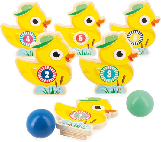 Janod - Juego de bolos para niños Applepop - Juego de habilidad - 6 bolos de pato + 2 bolas - Juguete de madera FSC - Desarrolla la destreza - A partir de 3 años,