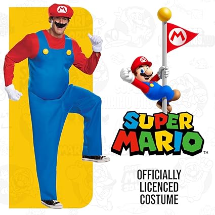 DISGUISE Fantasia oficial de Super Mario Nintendo Deluxe para adulto inclui chapéu e luvas de Mario, fantasia de Halloween para adultos, roupa extravagante para homens