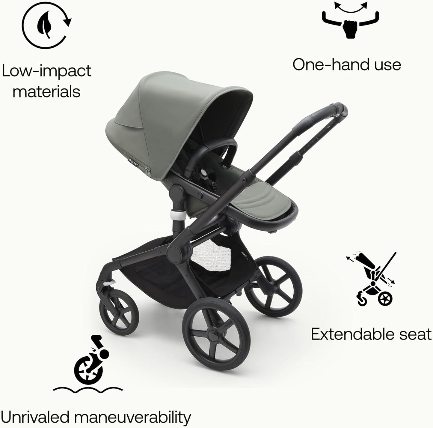 Bugaboo Carrinho de passeio Fox 5 All-Terrain, carrinho de bebê 2 em 1, suspensão total, dobra fácil, berço espaçoso, assento extensível para crianças, manobrabilidade com uma mão, chassi preto e capota verde floresta