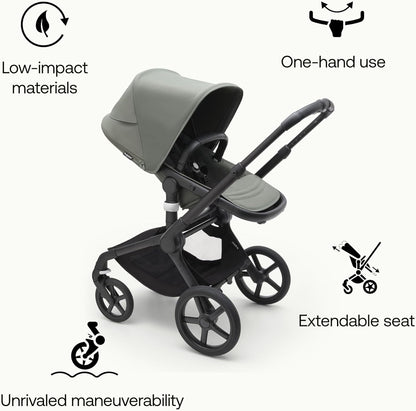 Bugaboo Carrinho de passeio Fox 5 All-Terrain, carrinho de bebê 2 em 1, suspensão total, dobra fácil, berço espaçoso, assento extensível para crianças, manobrabilidade com uma mão, chassi preto e capota verde floresta