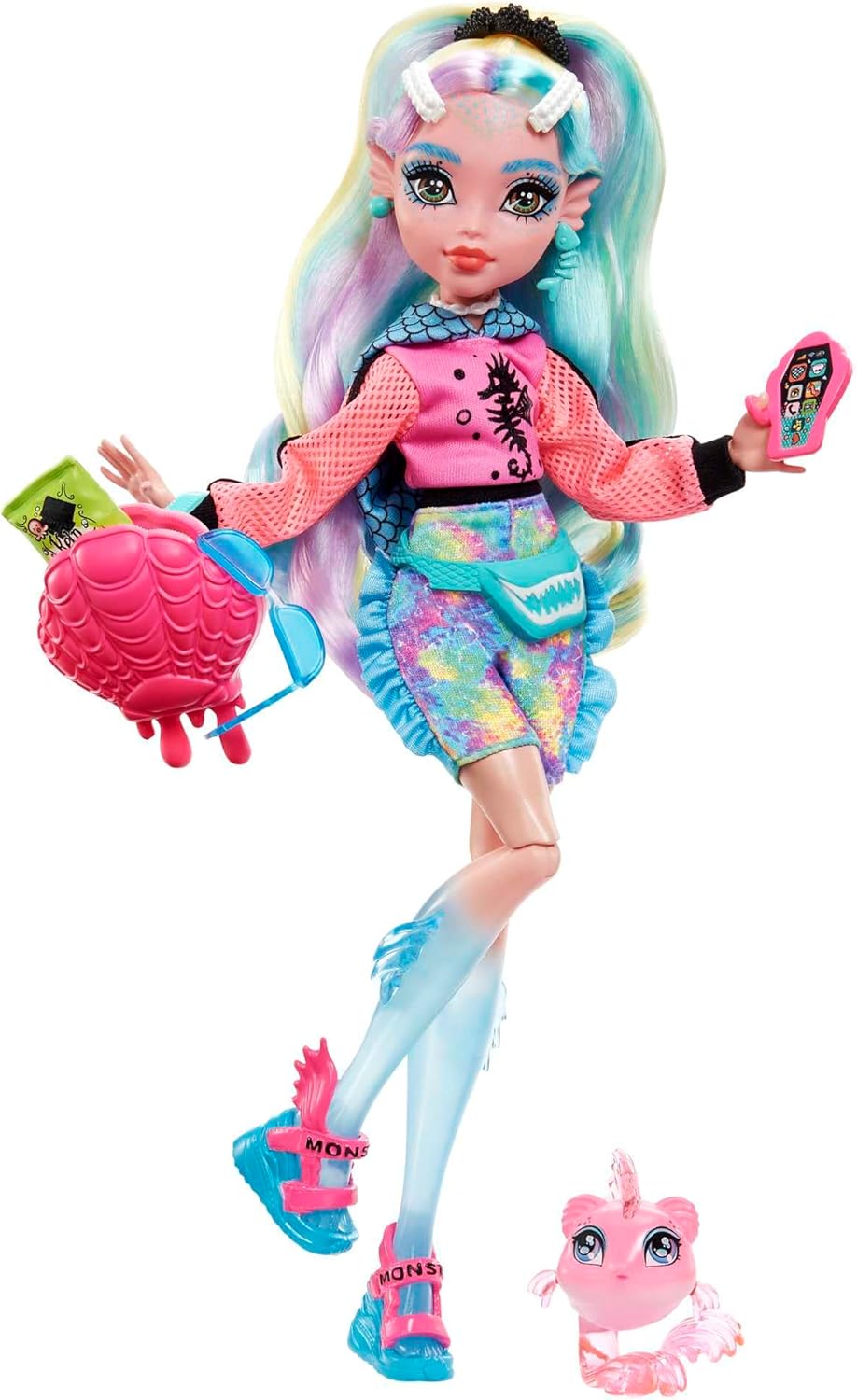 Monster High Boneca, Lagoona Azul com Acessórios e Piranha de Estimação, Boneca Fashion Posable com Cabelos Listrados Coloridos, HHK55