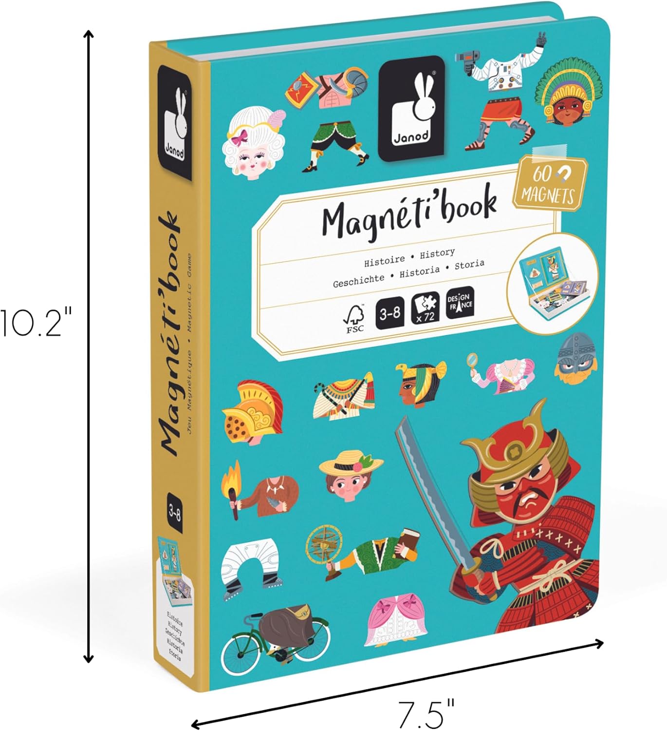 Janod - Magnéti'Book History - Jogo educativo de 60 ímãs com 12 cartas modelo - Brinquedo infantil de papelão FSC - Desenvolve habilidades motoras finas e imaginação - 3 anos +