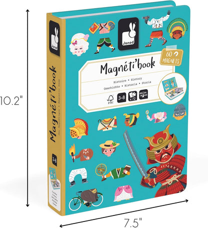 Janod - Magnéti'Book History - Juego educativo de 60 imanes con 12 cartas modelo - Juguete infantil de cartón FSC - Desarrolla la motricidad fina y la imaginación - A partir de 3 años