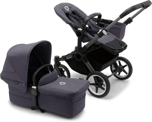 Bugaboo Donkey 5 Mono, conversível em carrinho duplo lado a lado, design aprimorado, assento reversível, direção com uma mão e cesta lateral, grafite/azul tempestuoso