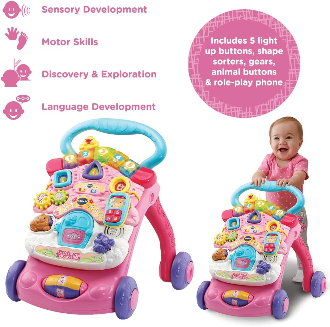 VTech First Steps Baby Walker | Brinquedo de bebê Push Along Walker com formas, sons, música, frases, brincadeira de faz de conta e muito mais | Adequado para bebês de 6 meses, 1, 2 e 3 anos, meninos e meninas, rosa