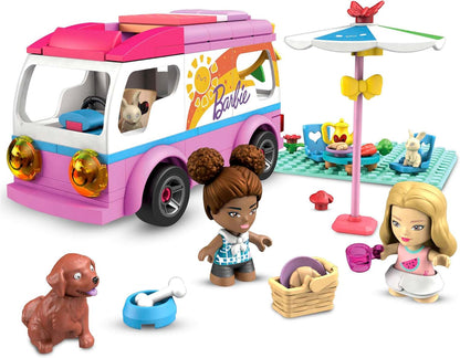 MEGA Barbie Camper Building Toy Vehicle Playset, Adventure DreamCamper com 123 peças, 2 microbonecas, acessórios, animais de estimação e móveis, GWR35, multicolorido, 20,5 x 26 x 5 cm