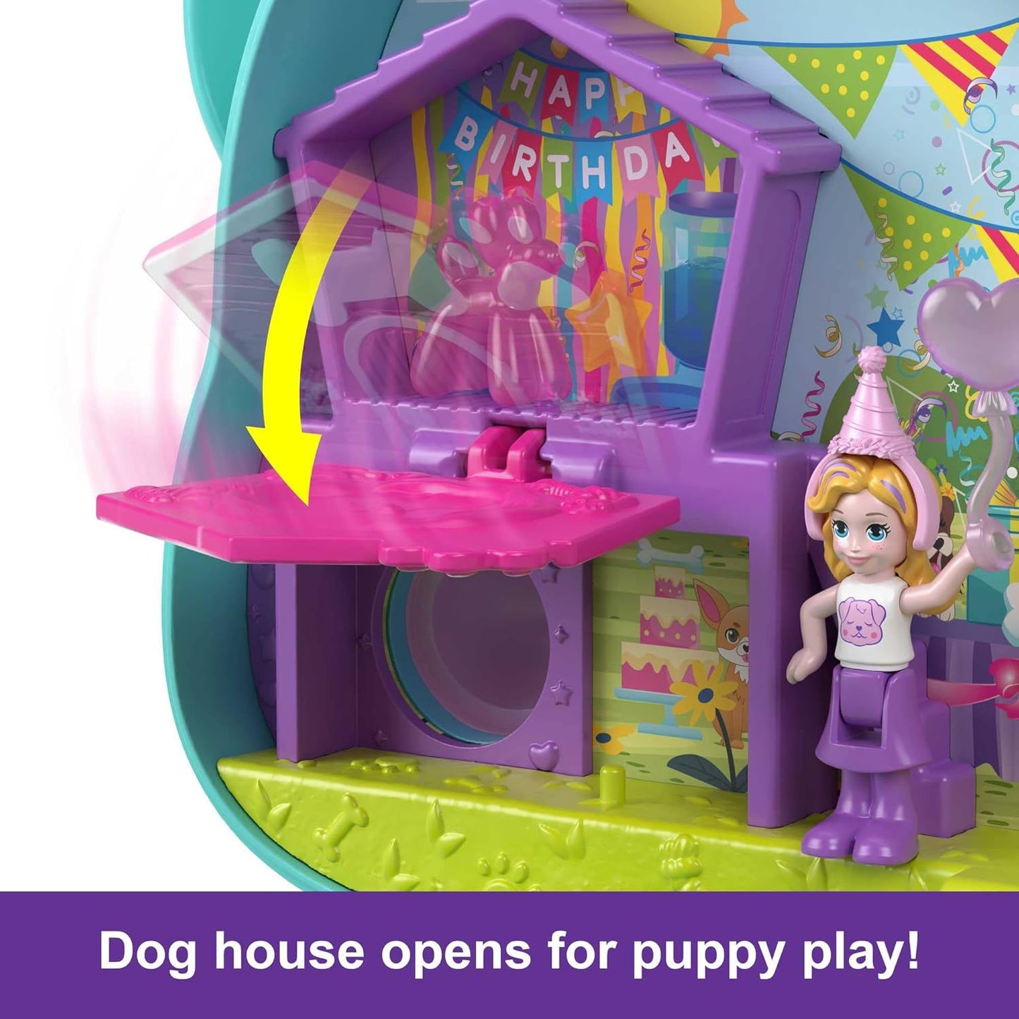 Polly Pocket Mini brinquedos, Doggy Birthday Bash, conjunto de brinquedos compacto com 2 microbonecas e 14 acessórios, brinquedos de viagem Pocket World com surpresas reveladas, HKV30