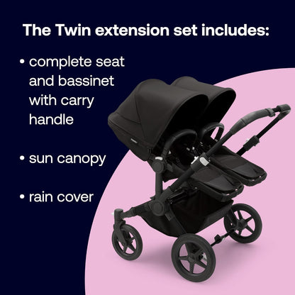 Conjunto de extensão Twin Bugaboo Donkey 5, converte seu Donkey 5 Mono em um carrinho duplo, lado a lado, design aprimorado, assento reversível e direção com uma mão, preto meia-noite