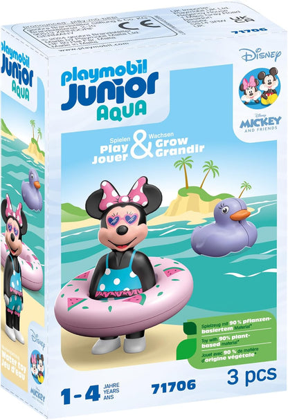 PLAYMOBIL 71706 JUNIOR e Disney: Viagem à praia da Minnie Mouse, incluindo anel de natação e pato, brinquedo sustentável feito de plástico vegetal