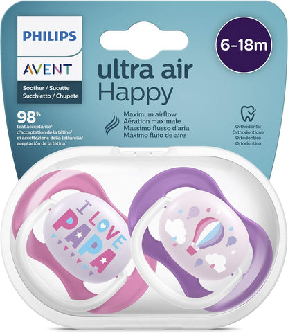 Philips Avent Chupeta Ultra Air, para 6-18 m, ortodôntica e sem BPA, 2 peças, incluindo esterilizador/estojo de transporte, SCF080/04 framboesa rosa e roxo